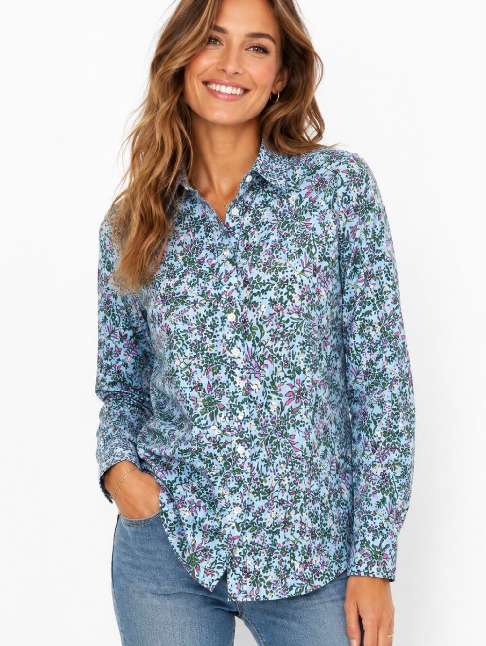 Talbots Floral Button Front Shirt Large 100% Cotton Blue Cottagecore Garden